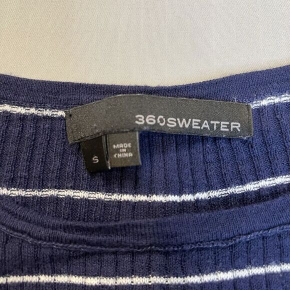 360 Sweater Womens Small Pullover Cold Shoulder Ribbed Striped Stretch Blue/Whit - Picture 5 of 6